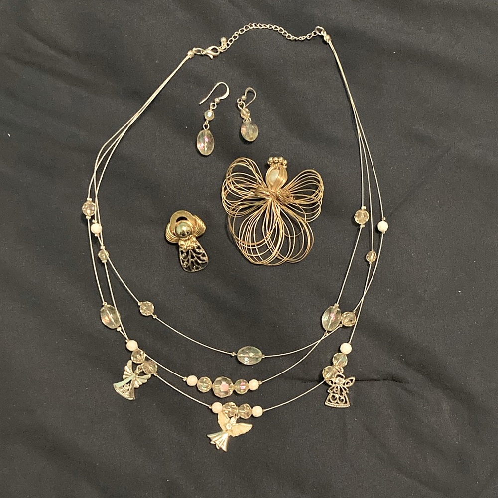 Silver Angel Necklace WMatching Earrings & 2 Gold Angel Brooches
